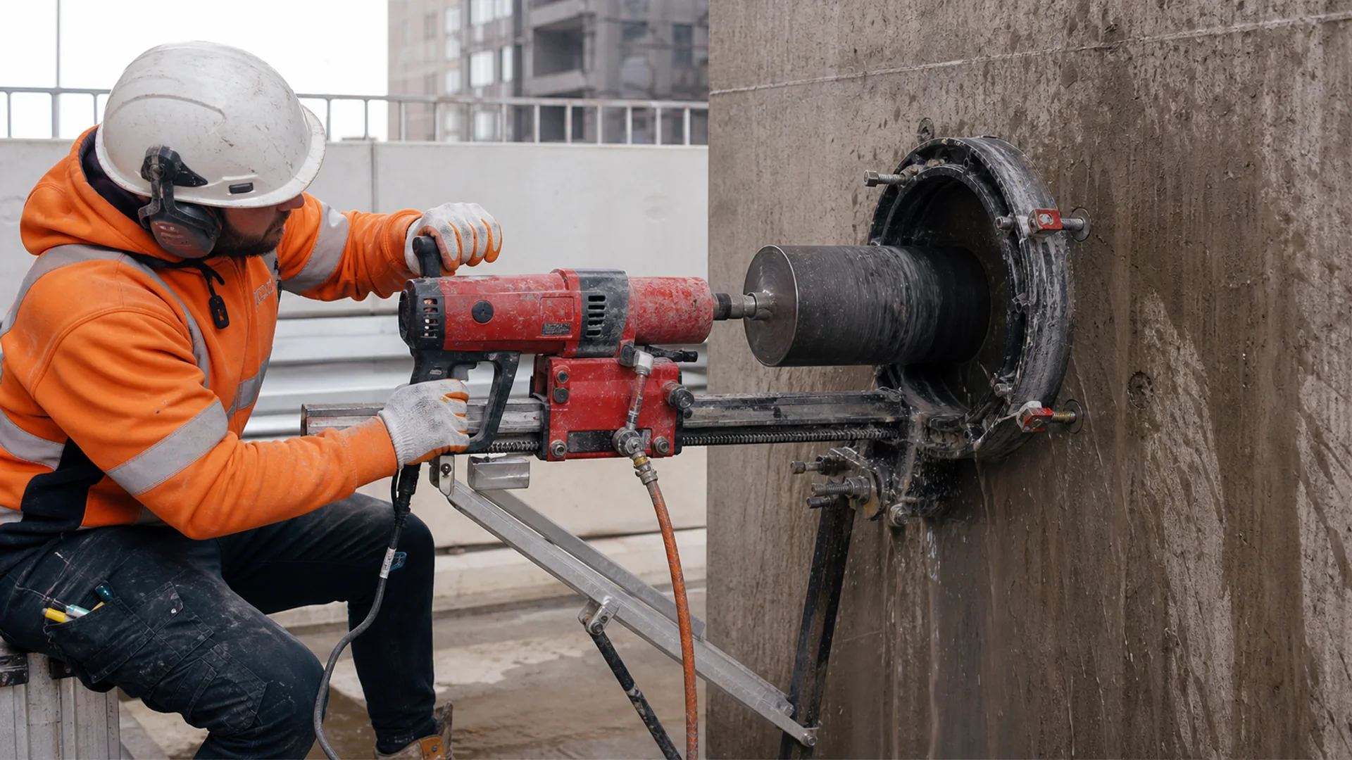 Core drilling equipment making a precise opening in concrete