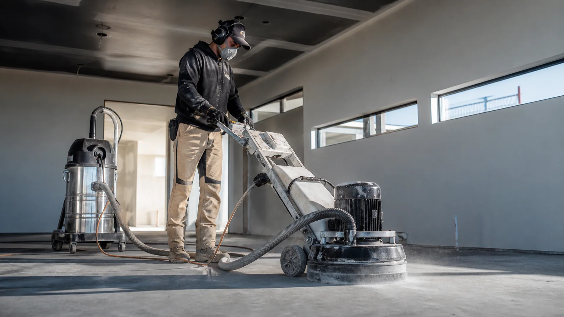 Concrete floor grinder preparing a surface with dust extraction
