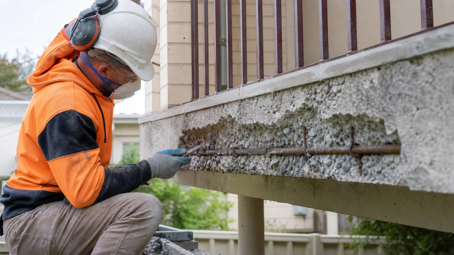 Spalled concrete edge prepared for professional repair