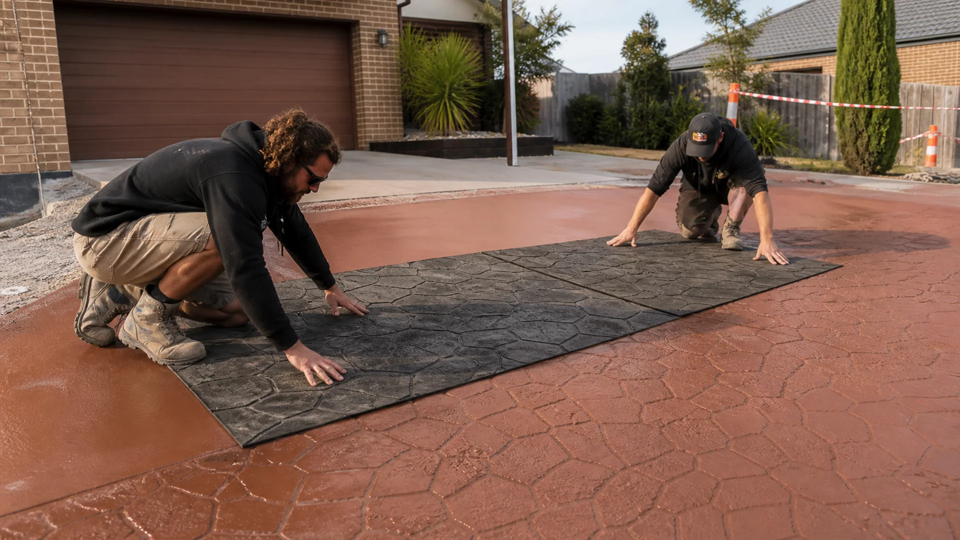 Patterned stamped concrete driveway with detailed texture