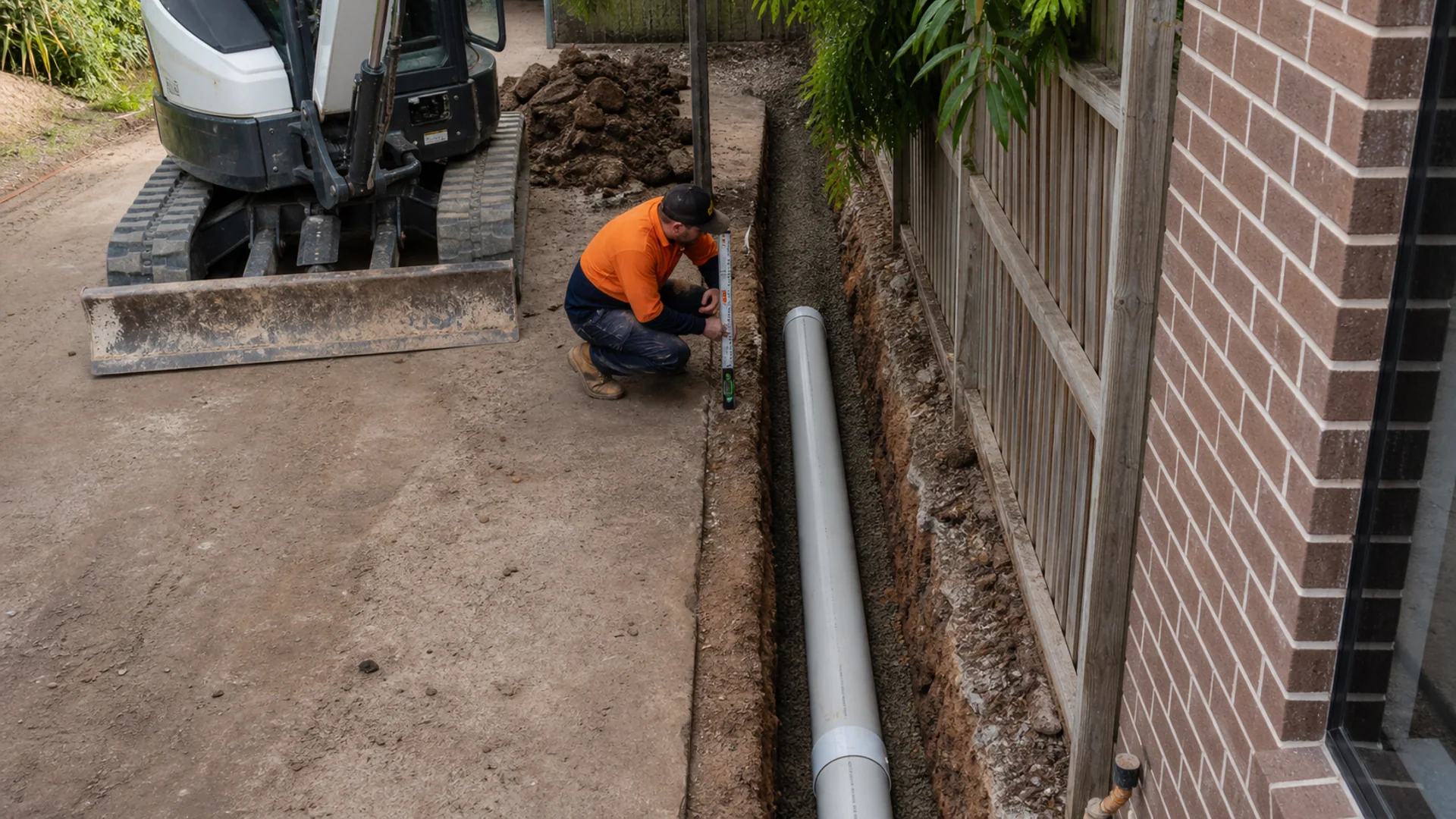Narrow service trench excavated beside a concrete project